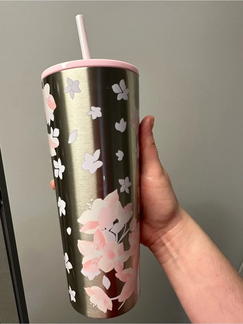 Starbucks Stainless Steel Tumbler with Pink Cherry Blossom Design